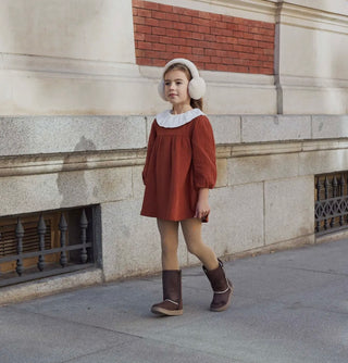 Girls dress in brick colour with long puff sleeves