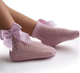 Short Socks with grossgrain side bow pink