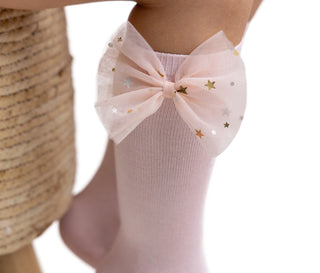 Pink Knee socks with star tulle bow Age 6