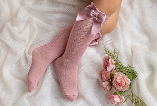 Calzini al ginocchio a spillo con fiocco in raso rosa secco