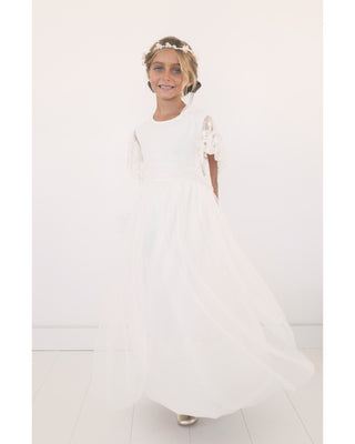 25. Short sleeve communion dress with embroidered tulle