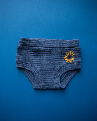 Blue Bloomers with embroidered sunflower.