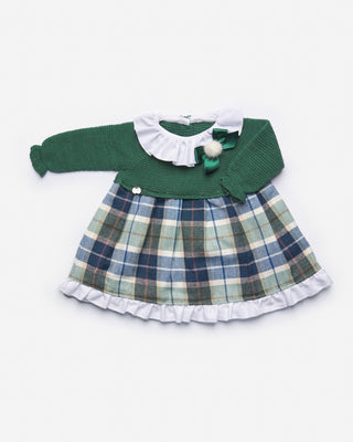 Brick Plaid Fabric and Knit Dress - Moss Green